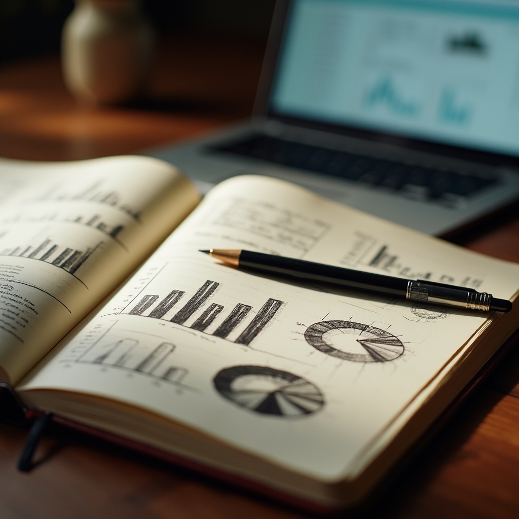 Notizbuch mit handgezeichneten Datendiagrammen und Notizen
